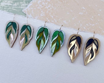Calathea Leaf Hook Earrings : Handmade Botanical Earrings | Laser Cut Engraved Perspex Acrylic