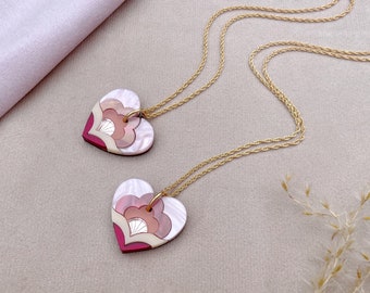 VALENTINE'S 2024: Limited Edition Anna Heart Pendant Necklace in Red and Pink marble | Laser Cut Floral Acrylic Necklace