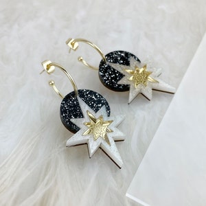 Star Deco Hoop Earrings in Black Glitter : Laser Cut Celestial Art Deco