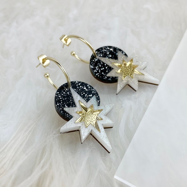 Star Deco Hoop Earrings: Black Glitter | Laser Cut Star Earrings | Celestial Art Deco