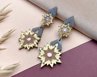 Aurora Star Drop Earrings in Gold and Bronze | Laser Cut Celestial Art Deco Earrings | Gold Bronze Beige Slate Marble