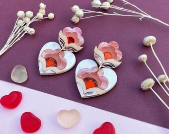 VALENTINE'S 2024: Limited Edition Anna Heart Statement Earrings in Peach | Laser Cut Floral Acrylic Earrings