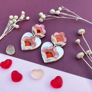 VALENTINE'S 2024: Limited Edition Anna Heart Statement Earrings in Peach Laser Cut Floral Acrylic Earrings image 1