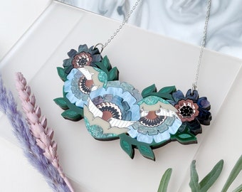 Isobel Floral Bib Necklace in Cornflower | Retro Flower Necklace | Laser Cut Floral Jewellery