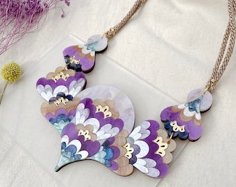 Crocus Statement Necklace in Purple | Retro Flower Bib Necklace | Laser Cut Floral Jewellery