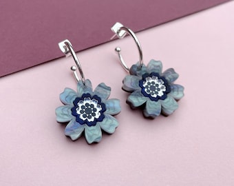 Blue and Silver Daisy Floral Hoop Earrings | Agnes Laser Cut Flower Acrylic Hoops