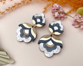 PRE-ORDER: Monochrome Gold Retro Flower Statement Earrings | Anna | Laser Cut Floral Acrylic Earrings