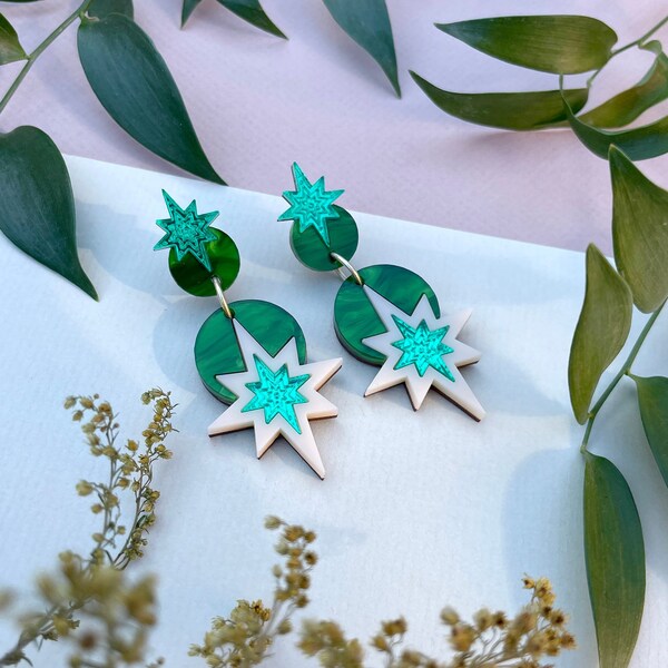October 2023 - Star Deco Drop Earrings in Emerald | Laser Cut Star Earrings | Celestial Art Deco