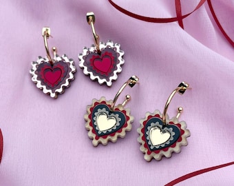 Wiggle Heart Hoops | Red and Pink Heart Laser Cut Earrings