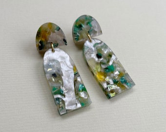 Recycled Arch Drop Earrings: Pearl, Yellow and Green Marble | Recycled Plastic Acrylic Jewellery | Circular Design