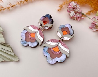 PRE-ORDER: Colourful Pink Retro Flower Statement Earrings | Anna | Laser Cut Floral Acrylic Earrings