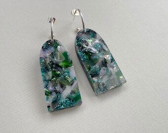 Recycled Arch Hoop Earrings: Green, Iridescent and Glitter Mix | Recycled Plastic Acrylic Jewellery | Circular Design