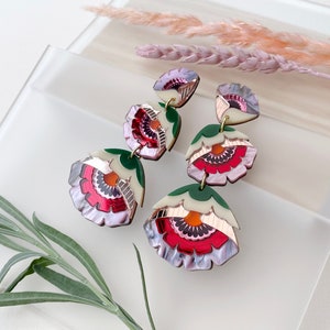 PRE-ORDER: Isobel Floral Triple Drop Statement Earrings in Sunset | Retro Flower Drop Earrings | Laser Cut Floral Jewellery