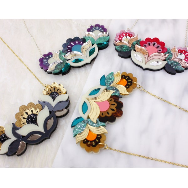 Flora Garland Bib Necklace | Laser Cut Flower Necklace | Retro Floral Design | Colourful Jewellery | Acrylic Perspex