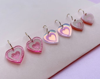 Mini Heart Drop Earrings | Laser Cut Celestial Dangle Earrings | Iridescent Gold Pink Glitter