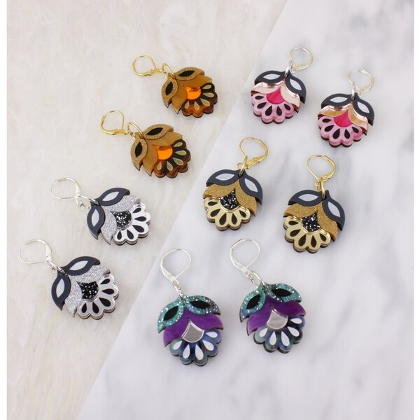 Pendientes Flora Drop / Pendientes de corte láser de flores retro / Ideas de regalos / Pendientes ligeros / Madera de metacrilato acrílico / Oro plata oro rosa