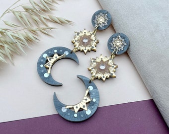 PRE-ORDEN: Pendientes de declaración celestial Aurora en oro y pizarra / Pendientes Art Déco celestiales cortados con láser / Beige bronce gris dorado