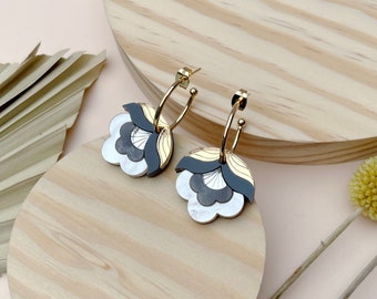 Retro Flower Monochrome Gold Hoop Earrings | Laser Cut Floral Acrylic Earrings | Anna | Metallic Colourway