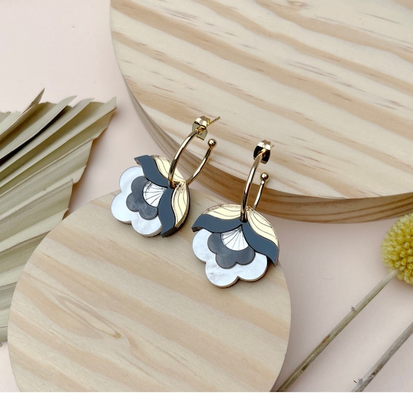 PRE-ORDER: Anna Retro Flower Hoop Earrings | Metallic Colourway | Laser Cut Floral Acrylic Earrings