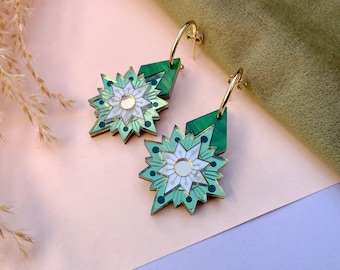 PRE-ORDER: Aurora Star Hoop Earrings in Green & Gold | Laser Cut Celestial Art Deco Earrings | Gold Green Mint