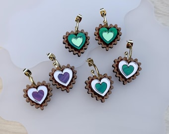 Engraved Wood Mini Wiggle Heart Hoop Earrings | Green Pink Marble