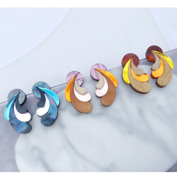 Psychedelic Wave Statement Studs | Laser Cut Retro Earrings in Pink, Tortoiseshell or Blue