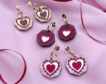 Seren Geo Heart Hoops | Red and Pink Heart Laser Cut Earrings