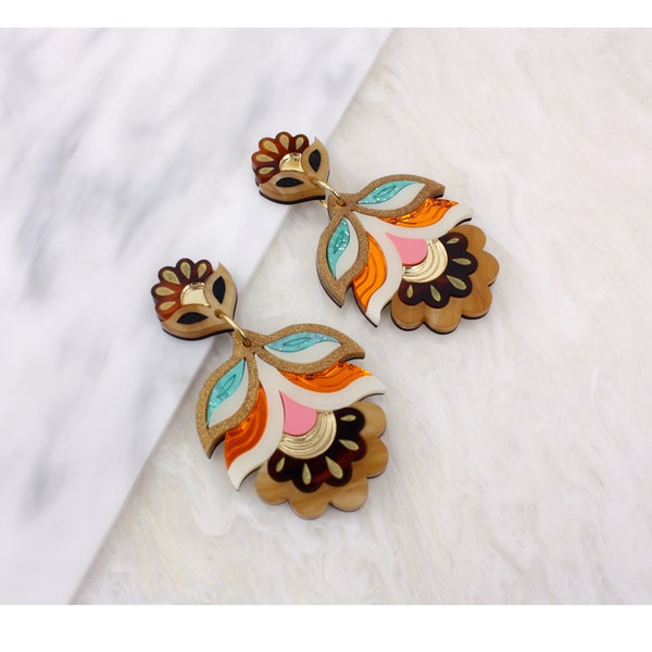 Pendientes llamativos Flora / Colores tropicales / Pendientes florales de festival cortados con láser / Flores retro de acrílico