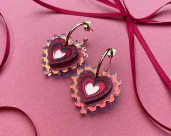 Iridescent Wiggle Heart Hoop Earrings | Red Pink Holographic Laser Cut