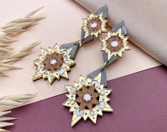 Aurora Star Statement Earrings in Gold and Bronze | Laser Cut Celestial Art Deco Earrings | Gold Cream Iridescent