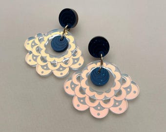 STOCK CLEARANCE: Engraved Scalloped Statement Earrings in Blue and Iridescent
