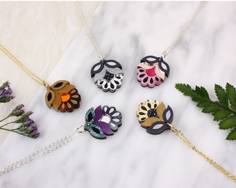 Flora Mini Pendant Necklace | Retro Flower Necklace | Gift Ideas | Laser Cut Necklace | Acrylic Perspex | Gold Silver Rose Gold Pink Purple