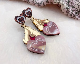 VALENTINE'S 2022: Limited Edition Flame Heart Statement Drop Earrings in Red Marble - Romeo & Juliet Inspired 90s Jewellery Valentine's Day