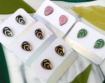 Calathea Leaf Etched Stud Earrings | Laser Cut Engraved Perspex Acrylic Studs | Tropical Leaf | Rose Gold Silver Green Pink Glitter Marble