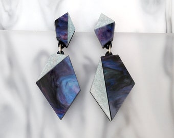 Asymmetric Geo Drop Earrings | Midnight Marble & Frost Blue Glitter | Geometric | Acrylic Perspex Jewellery | Marbled Statement Earrings