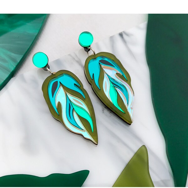 Calathea Leaf Medium Drop Earrings : Teal, Green & Iridescent | Laser Cut Engraved Perspex Acrylic Studs | Tropical Leaf Drop Earrings