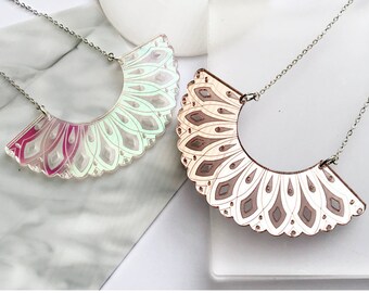 Engraved Arc Necklace: Rose Gold or Iridescent | Laser Cut Etched Patterned Mirror Acrylic | Art Deco Scalloped Bib Collar Crescent Necklace