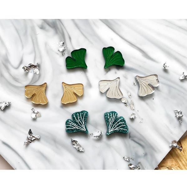 Ginkgo Leaf Stud Earrings - Ginkgo Biloba Leaf Studs - Japanese inspired - Laser cut perspex acrylic - Japan green gold silver glitter