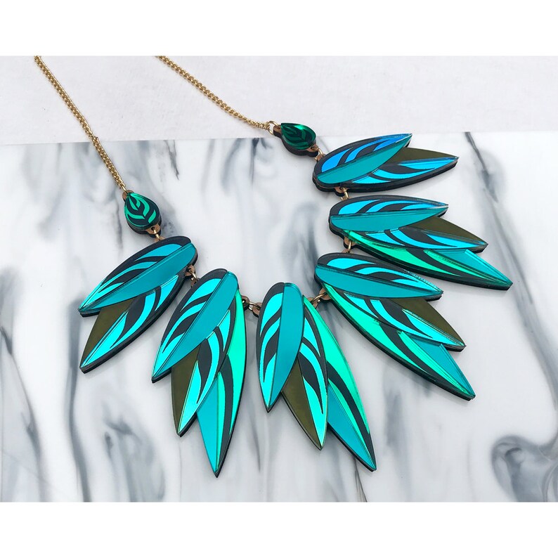 Tropical Leaf Jewellery Laser Cut Engraved Perspex Acrylic Wood Green /& Iridescent Calathea Leaf Large Statement Necklace : Teal
