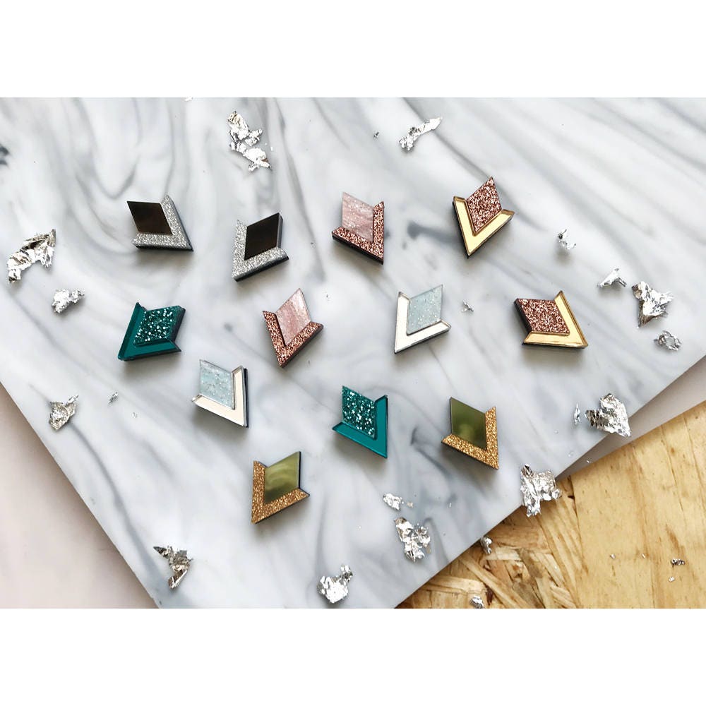 New Colours Diamond Segment Stud Earrings. Laser Cut Acrylic Perspex. Marbled Geometric Deco Chevron Mirror Rose Gold Marble Copper Glitter