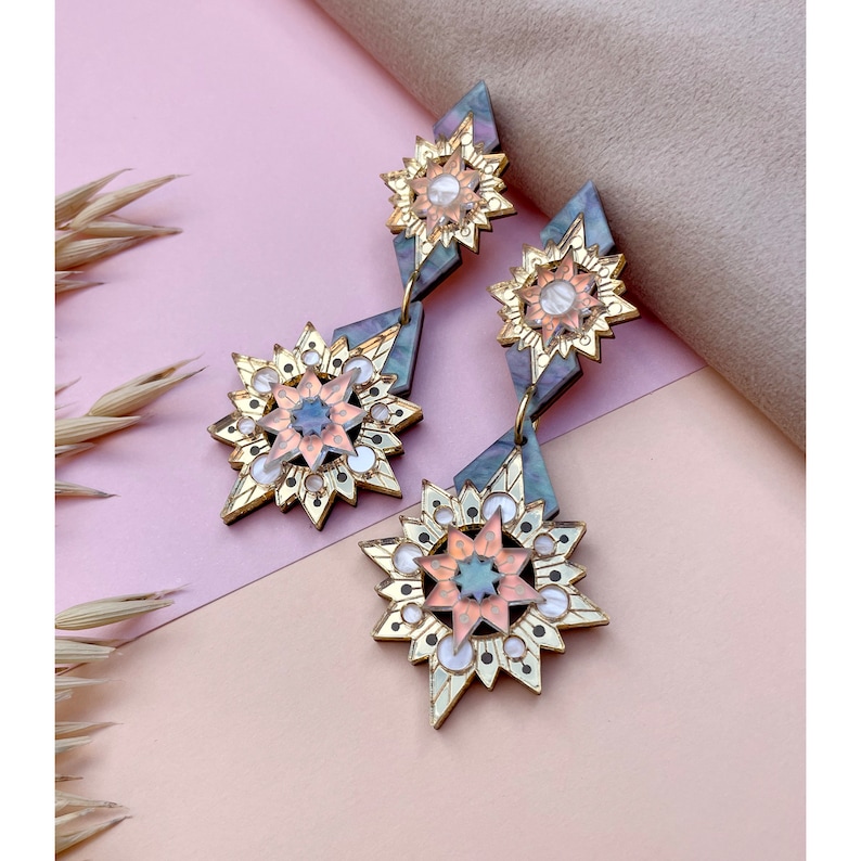 Aurora Star Statement Earrings in Holo Gold Laser Cut Celestial Art Deco Earrings Gold Cream Iridescent image 5