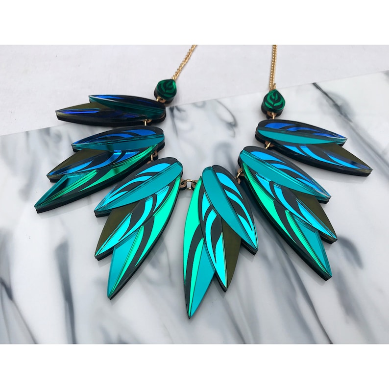 Tropical Leaf Jewellery Laser Cut Engraved Perspex Acrylic Wood Green /& Iridescent Calathea Leaf Large Statement Necklace : Teal
