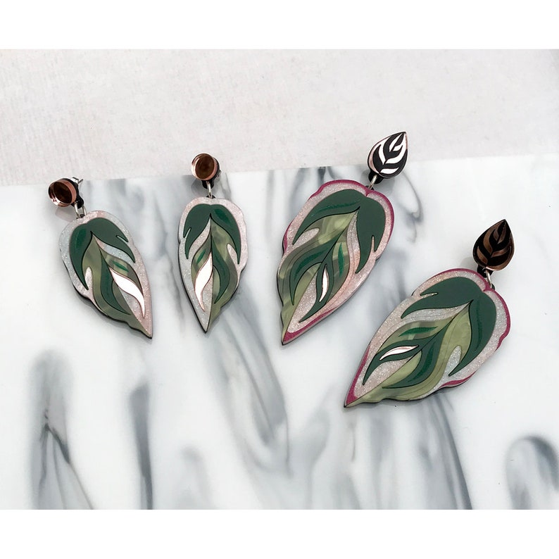 Statement Earrings Green /& Rose Gold Laser Cut Engraved Perspex Acrylic Tropical Leaf Drop Earrings Calathea Leaf Medium Drop Earrings