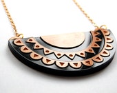 SALE - Scallop & ZigZag Crescent / Half-Moon Bib Necklace - Geometric - Pattern  - Laser-Cut Wood and Black Acrylic - Engraved