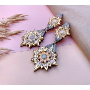 Aurora Star Statement Earrings in Holo Gold Laser Cut Celestial Art Deco Earrings Gold Cream Iridescent image 4