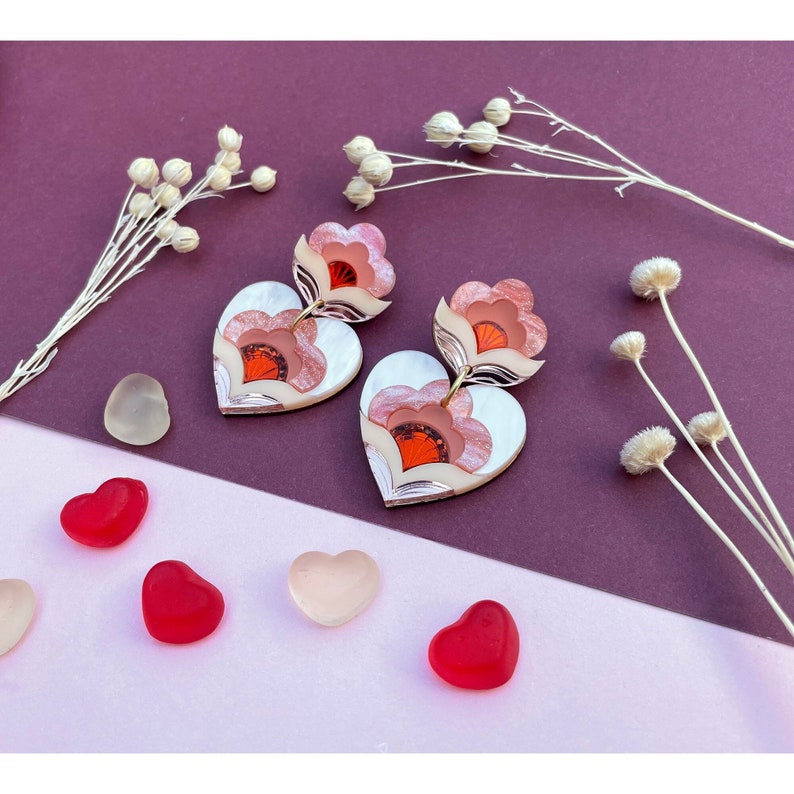 VALENTINE'S 2024: Limited Edition Anna Heart Statement Earrings in Peach Laser Cut Floral Acrylic Earrings image 1