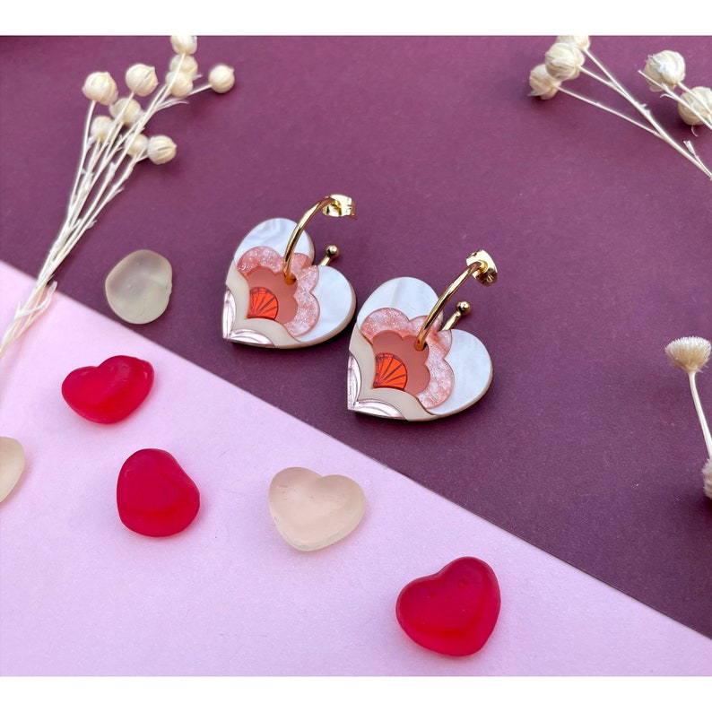 VALENTINE'S 2024: Limited Edition Anna Heart Hoop Earrings in Peach Laser Cut Floral Acrylic Earrings image 1