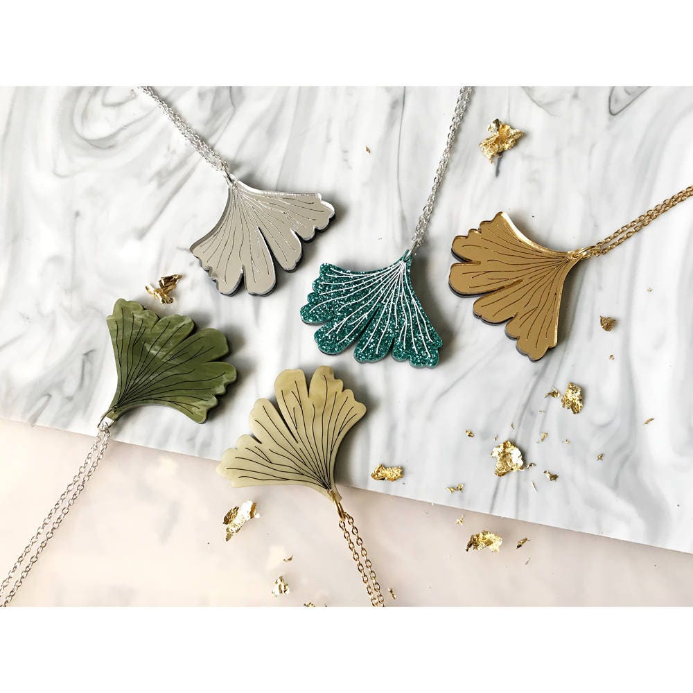 Ginkgo Leaf Pendant - Biloba Necklace Japanese Inspired Laser Cut Marble Glitter Perspex Acrylic Green Gold Silver Teal Mirror