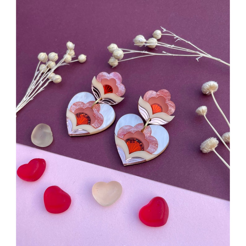 VALENTINE'S 2024: Limited Edition Anna Heart Statement Earrings in Peach Laser Cut Floral Acrylic Earrings image 3