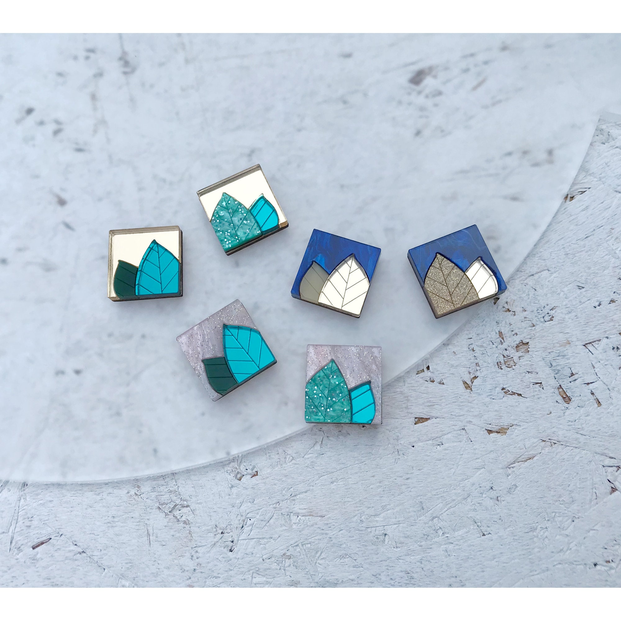 Geo-Botanical Tile Stud Earrings | Laser Cut Leaf Studs in Gold, Blue Or Pastel Pink